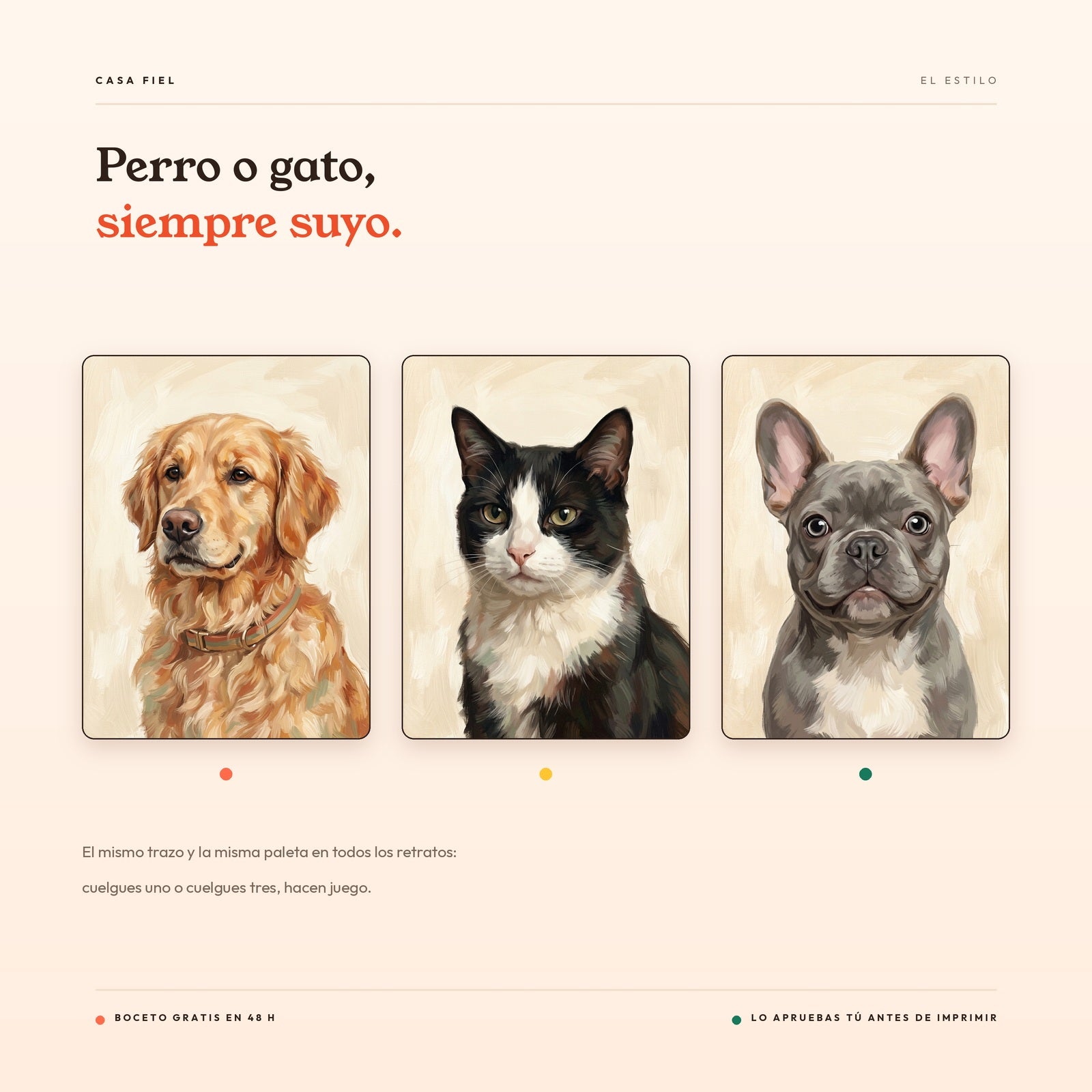 Tres retratos ilustrados de mascotas con el mismo estilo: un golden retriever, un gato y un bulldog francés