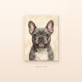 Lienzo de 40 x 50 cm con el retrato ilustrado de un bulldog francés colgado en la pared