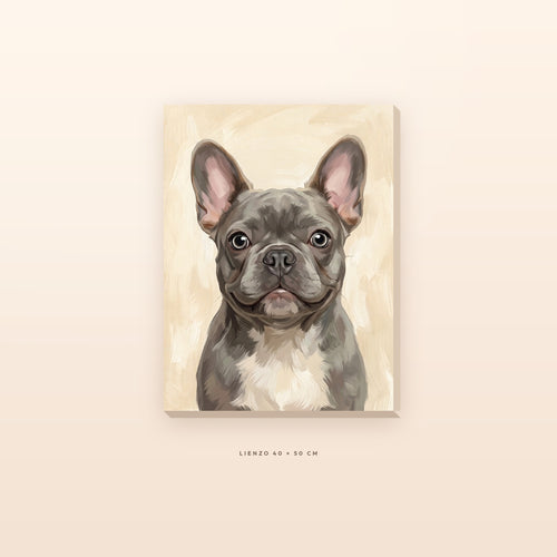 Lienzo de 40 x 50 cm con el retrato ilustrado de un bulldog francés colgado en la pared